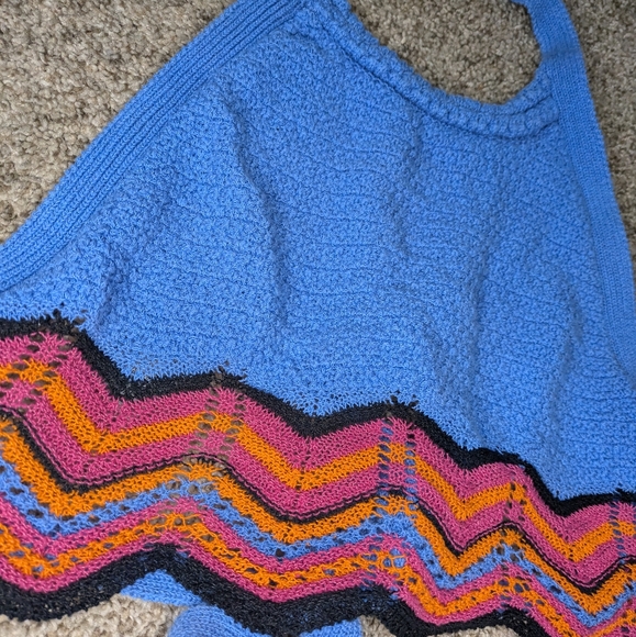 Zara Blue/Coral Unlined Crochet Halter Top Open Back Size Small - Picture 5 of 6